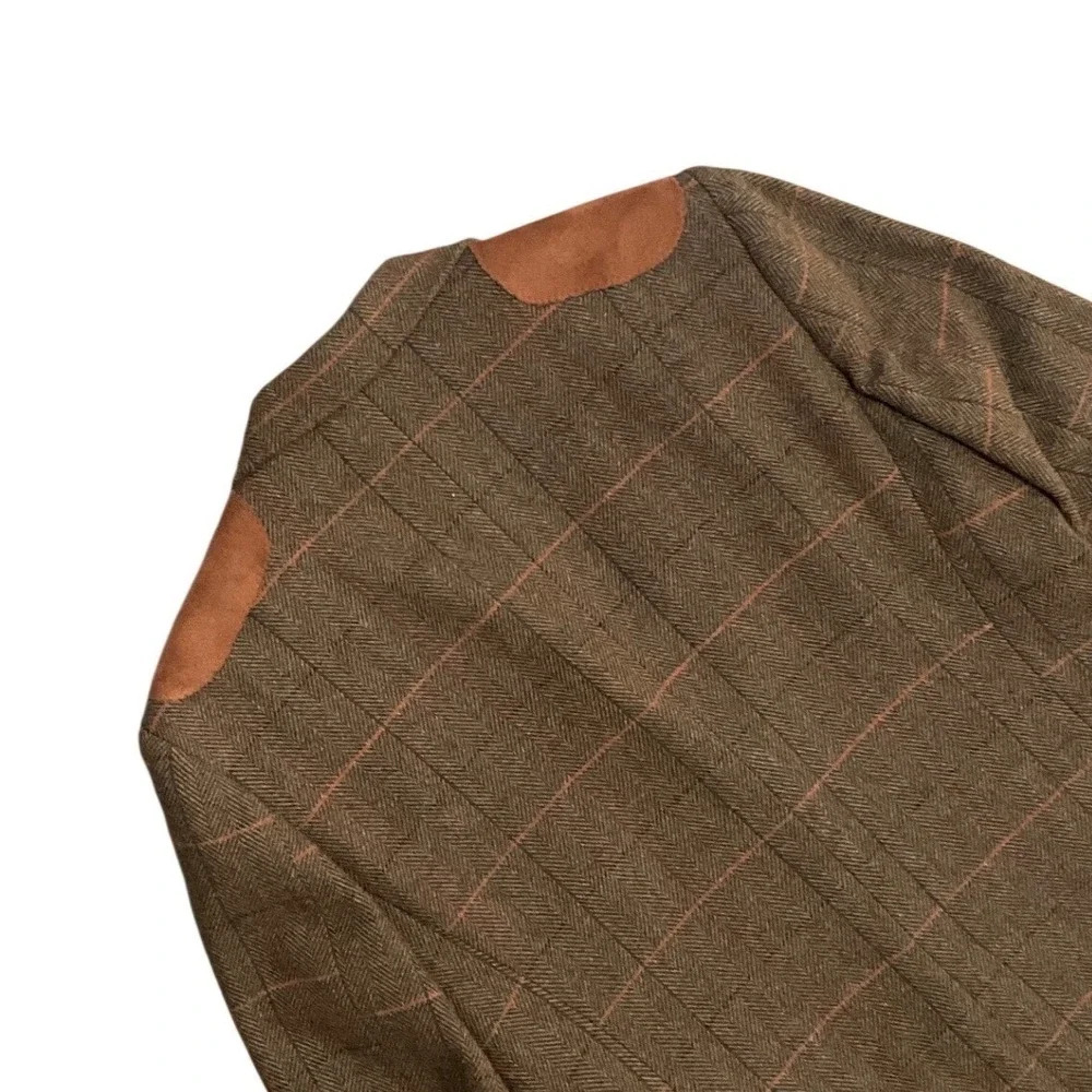 PJ Paul Jones Mens Tweed Plaid Wool Blend Blazer Elbow Patch Brown Size S Jacket